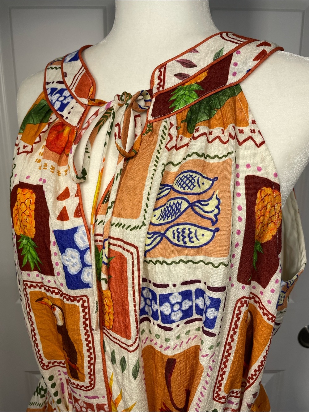 Ciebon Kyndra Grid Print Halter Dress Large Tropical Print Pineapple Toucans - Picture 9 of 14